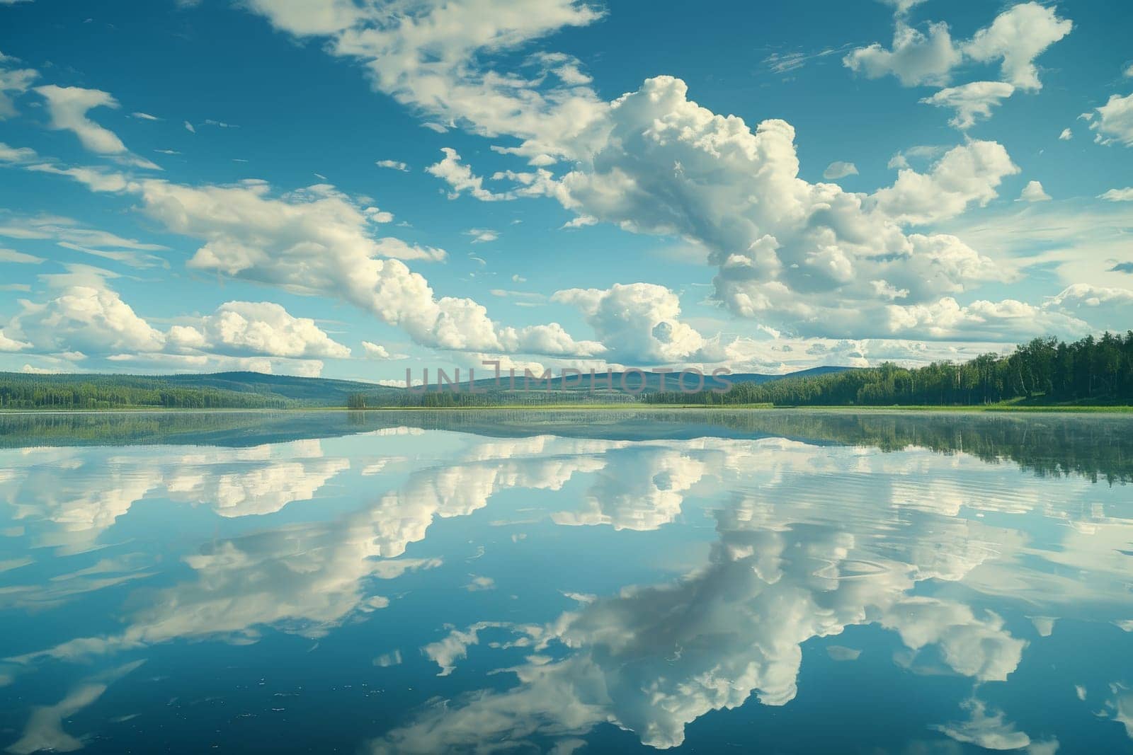 Tranquil lake with scattered cirrostratus clouds
