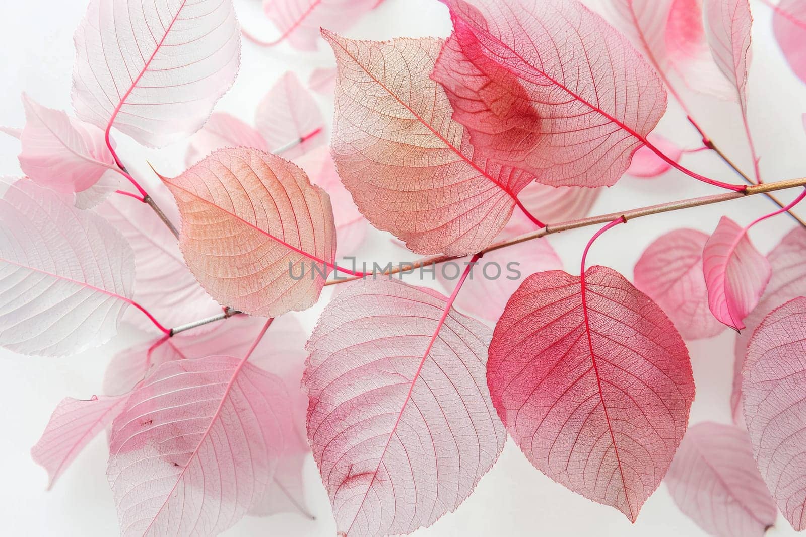 Vibrant cherry blossom leaves with soft pink hues on a transparent white surface, evoking images of springtime beauty