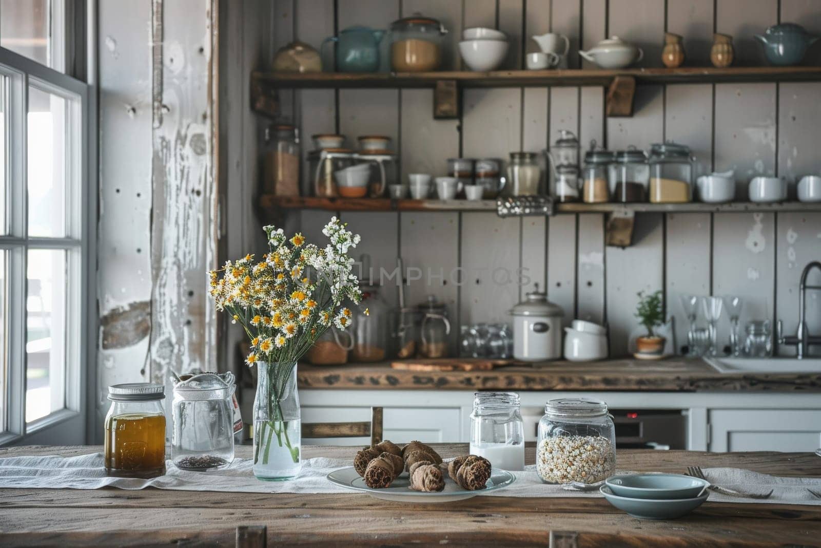 Rustic farmhouse kitchen decor against a soft transparent white backdrop, perfect for cozy gatherings
