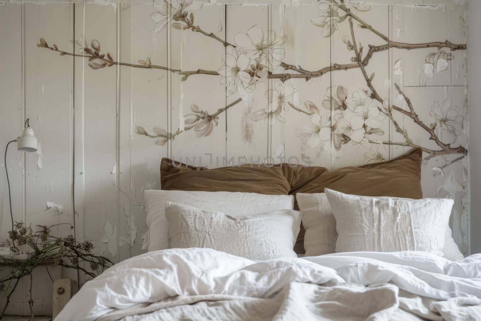 A bed with white pillows and a floral wallpaper on the wall. The bed is unmade and the pillows are arranged in a way that creates a sense of comfort and relaxation