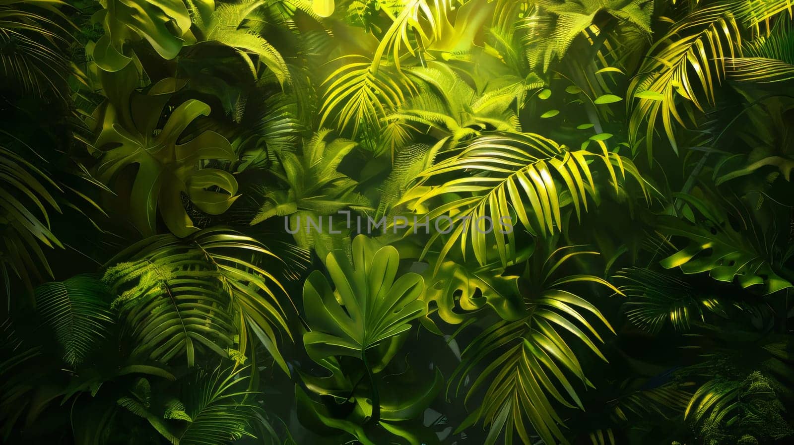 A lush green jungle with many leaves and plants. The image is full of life and energy, with the bright green color of the leaves and plants creating a sense of vitality and growth