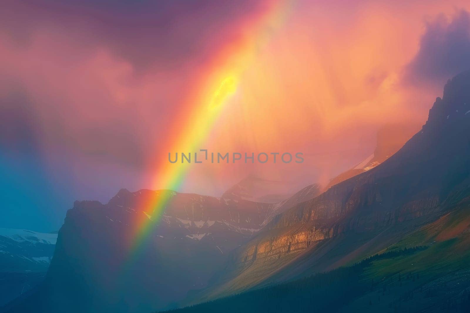 Vibrant rainbow over a mountain range