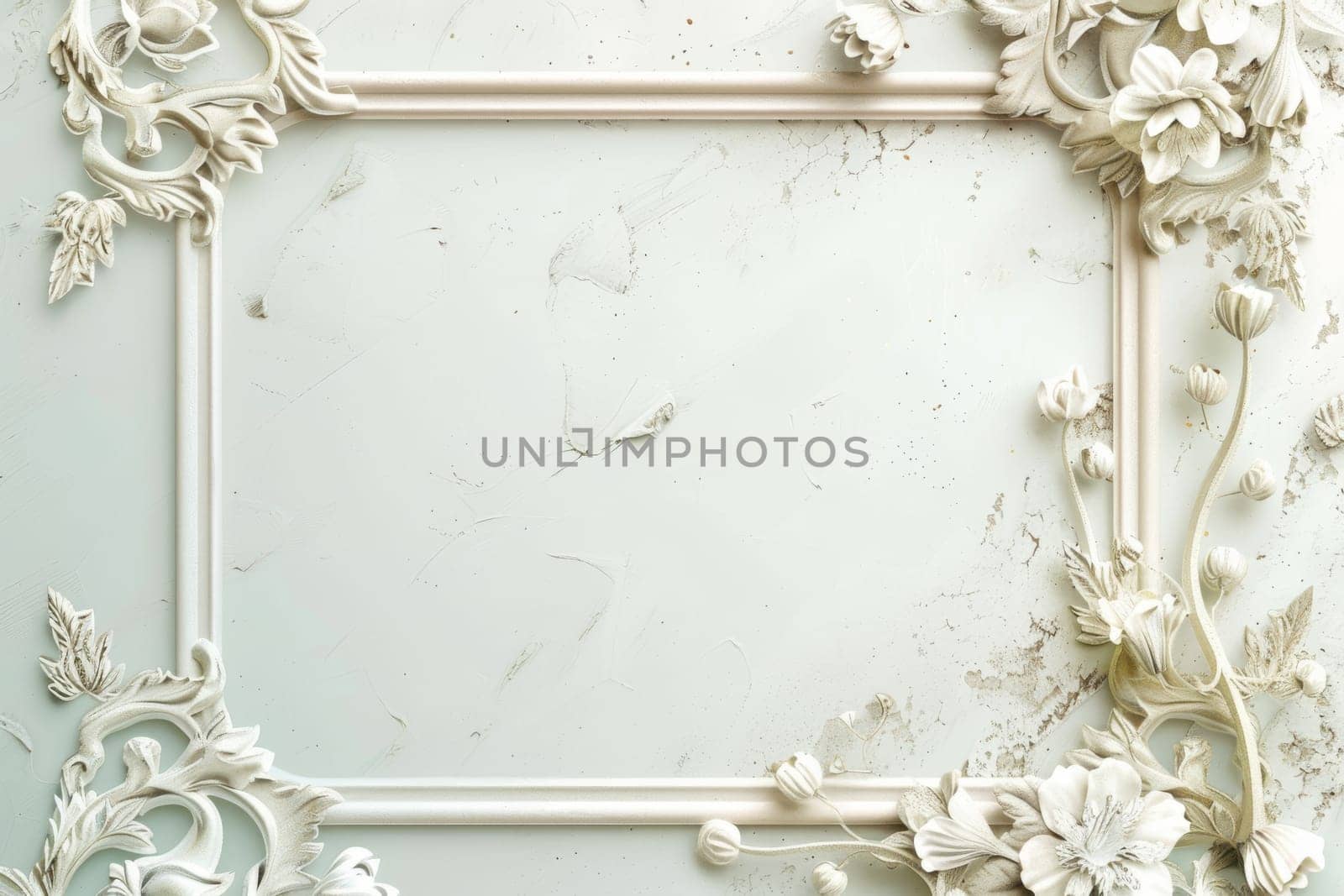 A white frame with flowers and leaves. The frame is white and has a floral design. The frame is empty and has a clean, minimalist look