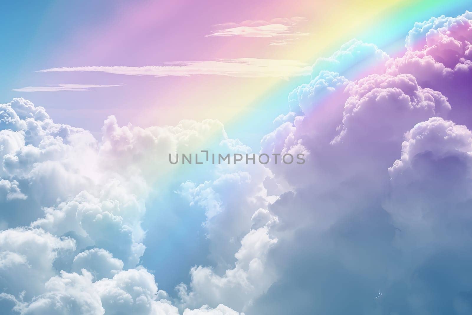 Vibrant rainbow arching over fluffy cumulus clouds on a soft transparent white surface, perfect for hopeful themes