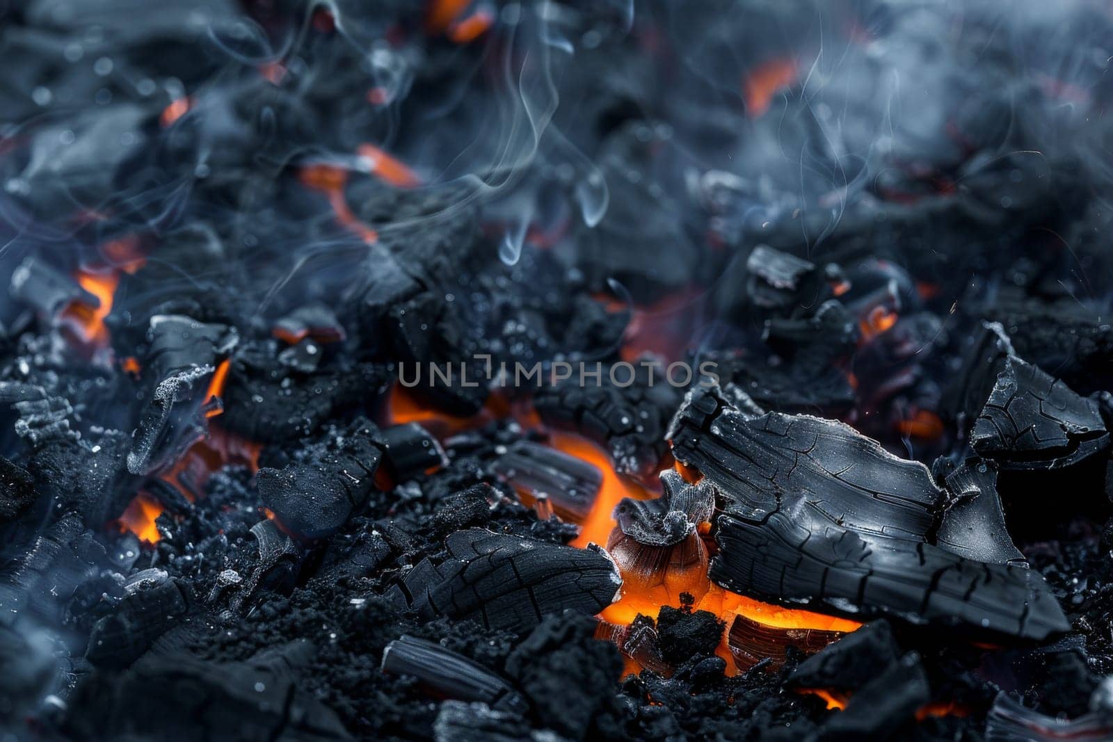 A black and orange fire, with the fire being surrounded by black and grey rocks. Scene is intense and dramatic