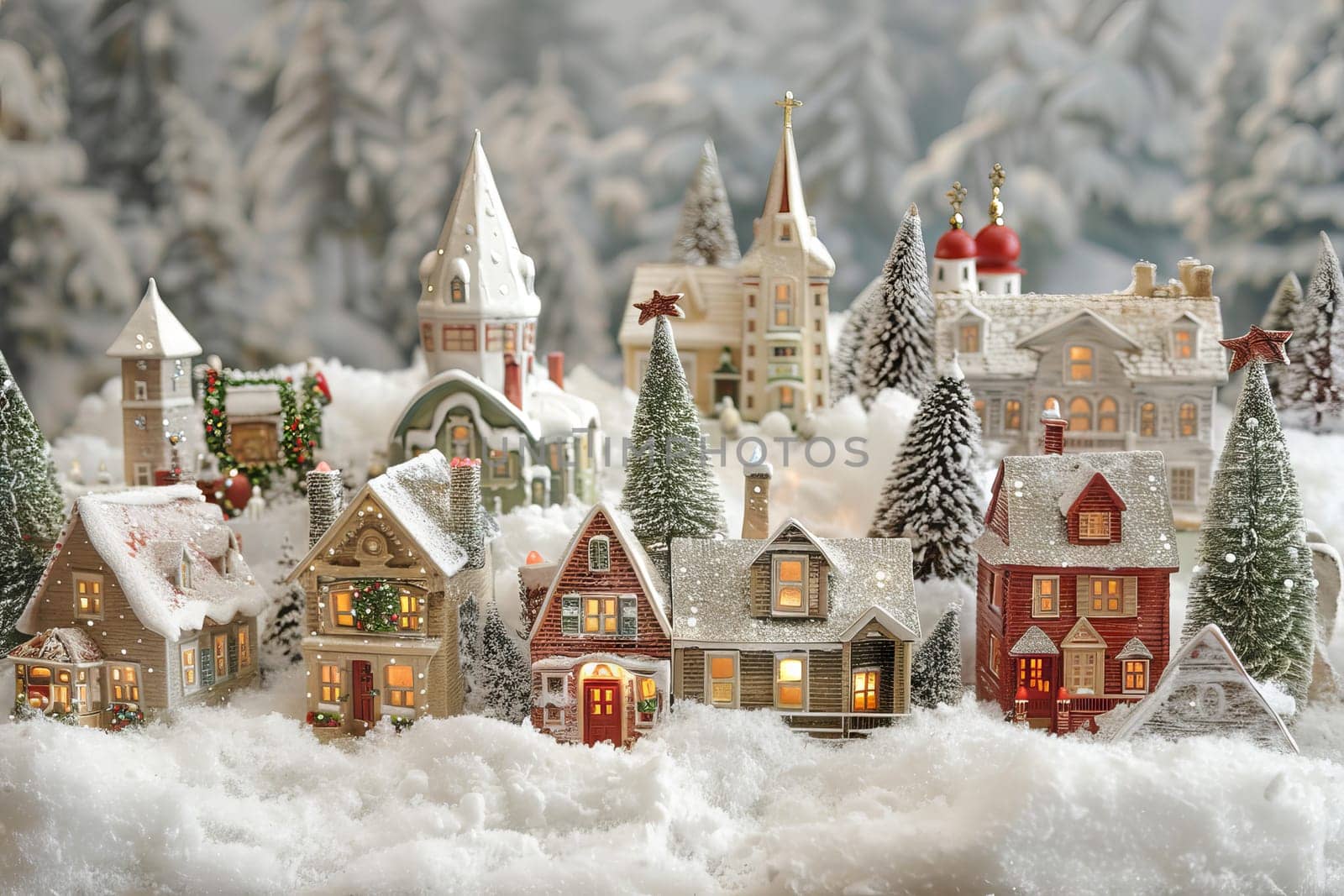 Snowy Christmas village on a soft transparent white canvas, adding holiday charm