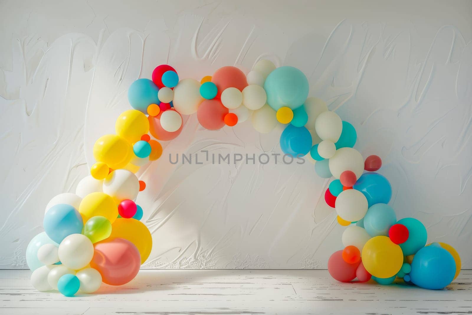 A colorful arch made of balloons is displayed against a white wall. The balloons are arranged in a rainbow pattern, creating a festive and joyful atmosphere