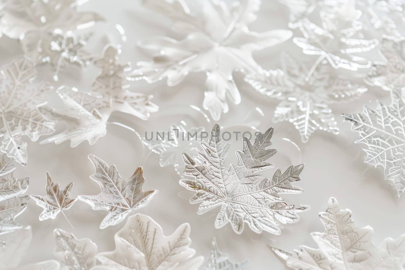 Whimsical snowflake leaves with intricate patterns on a transparent white surface