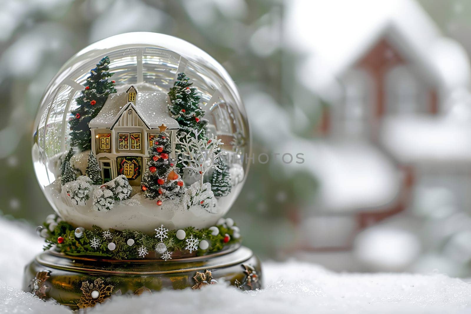 Whimsical Christmas snow globe on a soft transparent white backdrop, adding holiday whimsy