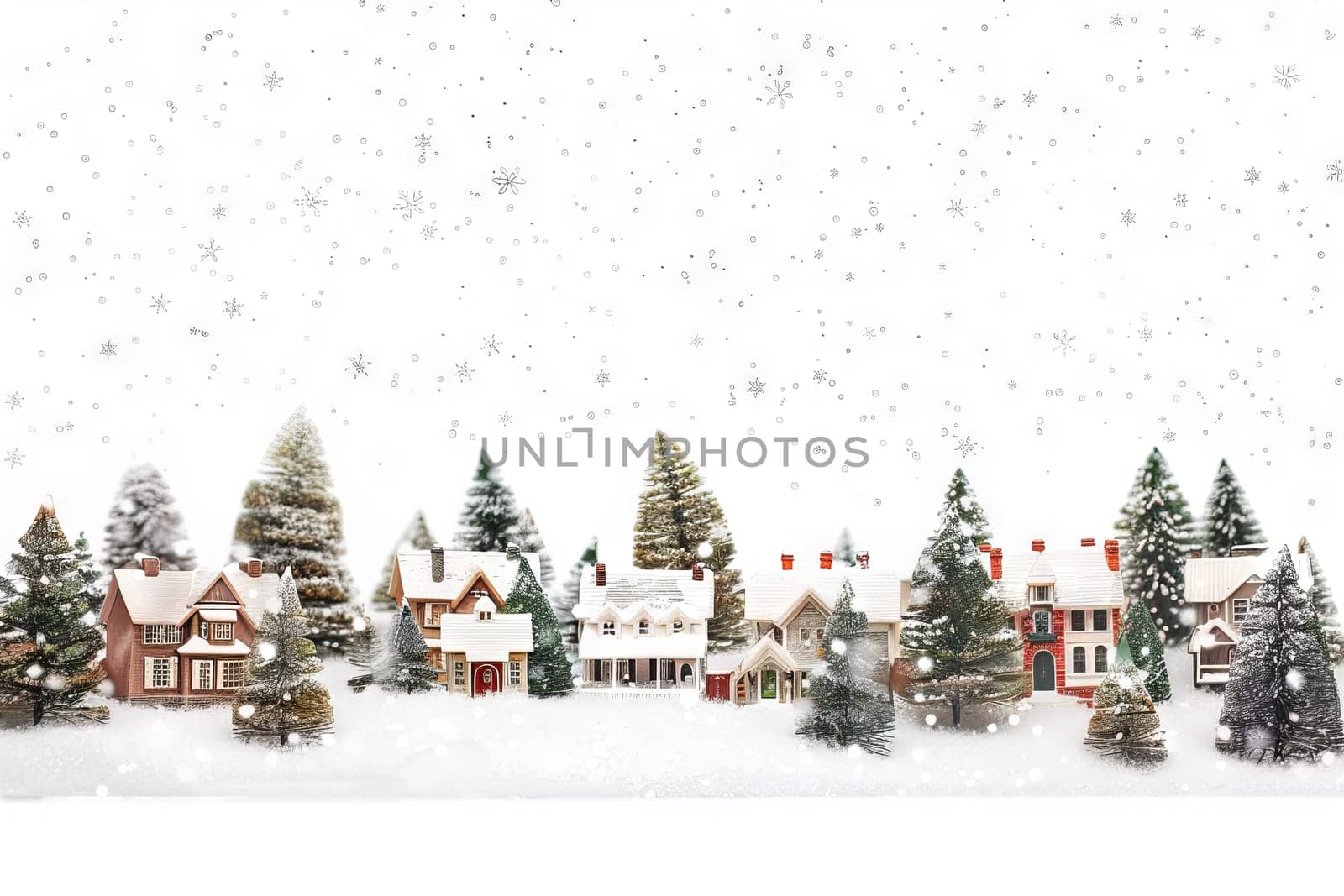 Snowy Christmas village on a soft transparent white backdrop, perfect for winter-themed designs