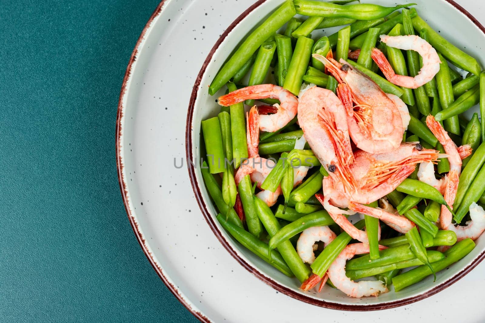 Tasty salad with shrimp and green beans or haricots