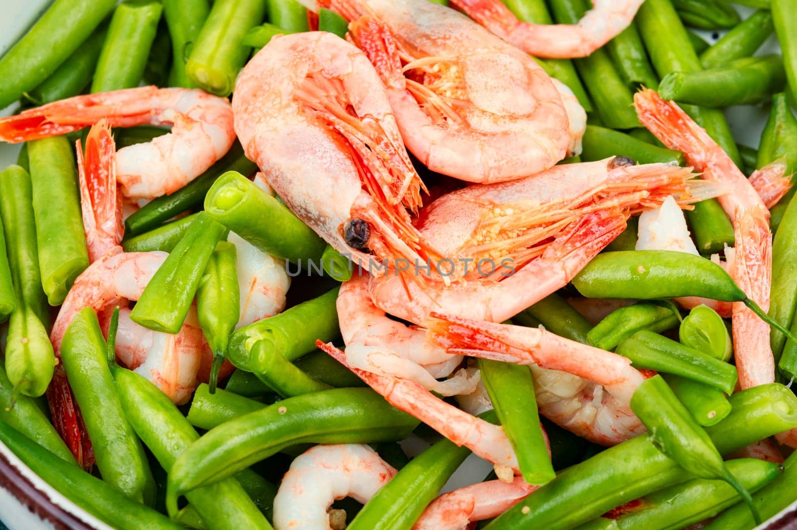 Tasty salad with shrimp and green beans or haricots