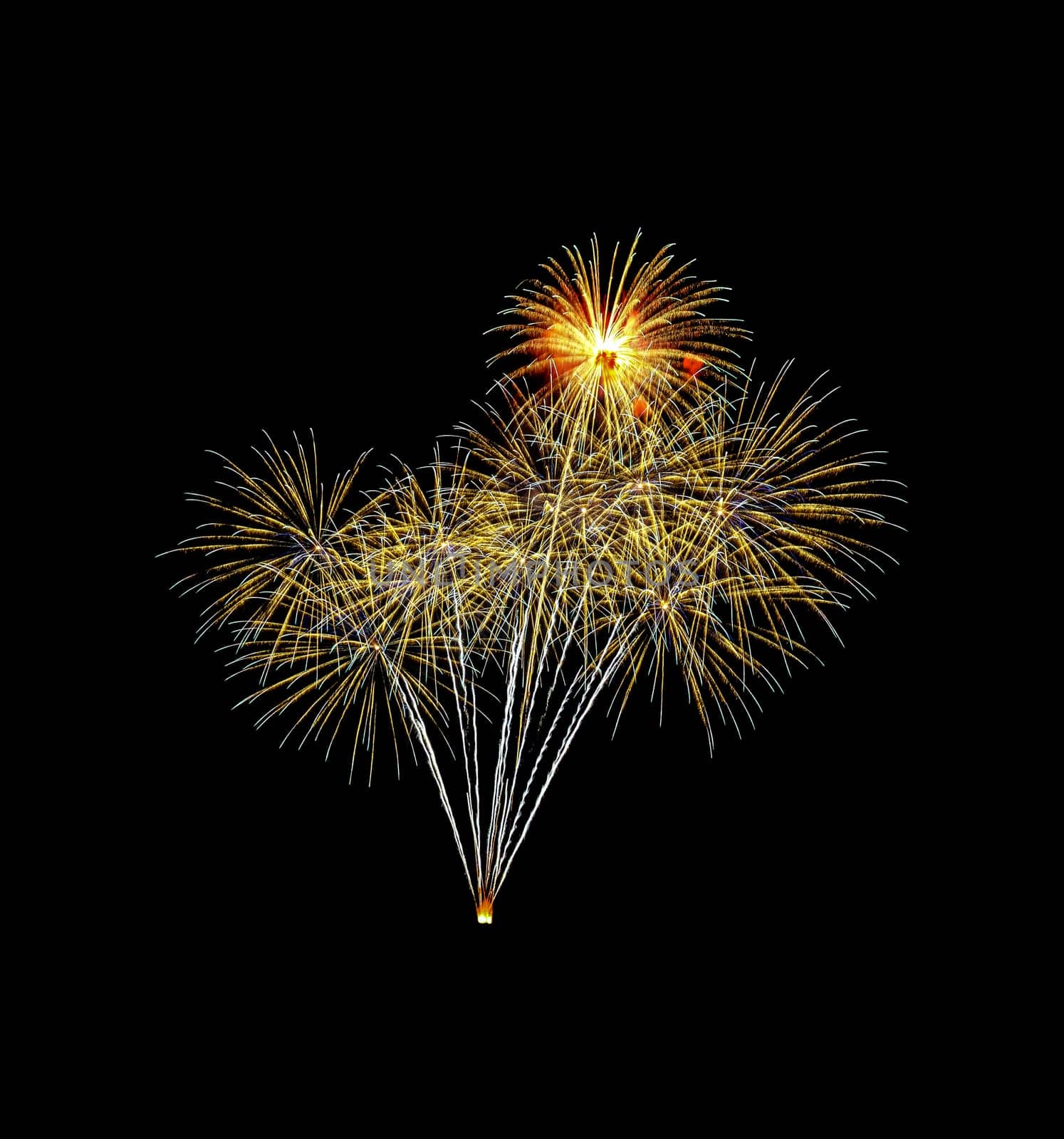 Beautiful colorful fireworks exploding in the night sky, isolated on black background. New year and anniversary concept.