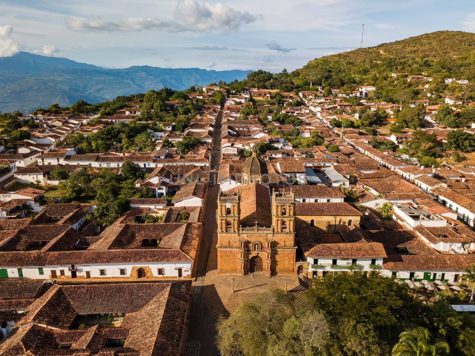 Aerial view of heritage town Barichara. Historic city in Santander department with cobbled streets and beautiful colonial architecture. The most beautiful town in Colombia.