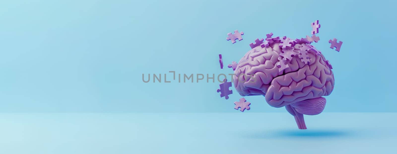 Alzheimer awareness day, dementia diagnosis, Parkinson disease, memory loss disorder, brain with purple puzzle or jigsaw pieces, damaged mind