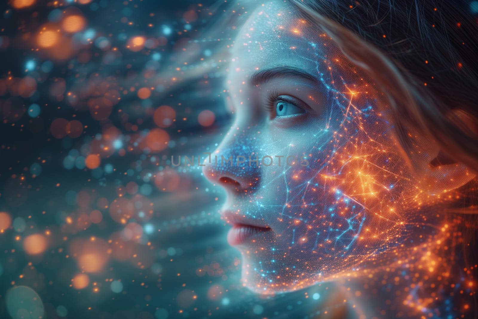 Brain neurons, mind connected to virtual cyberspace, human communitcation with artificial intelligience, cyber algorithms, digital ethnics