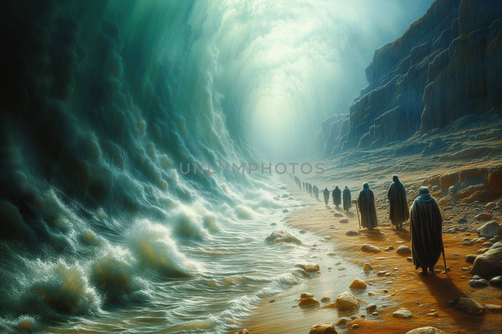 Moses splits the red sea and crosses with the Israelites the water, Exodus of the bible, escape from the Egyptians