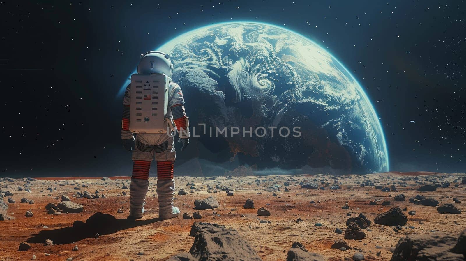 A lone astronaut in a space suit stands on the rocky surface of Mars, gazing at the Earth against a backdrop of stars. This image captures the essence of exploration and wonder.