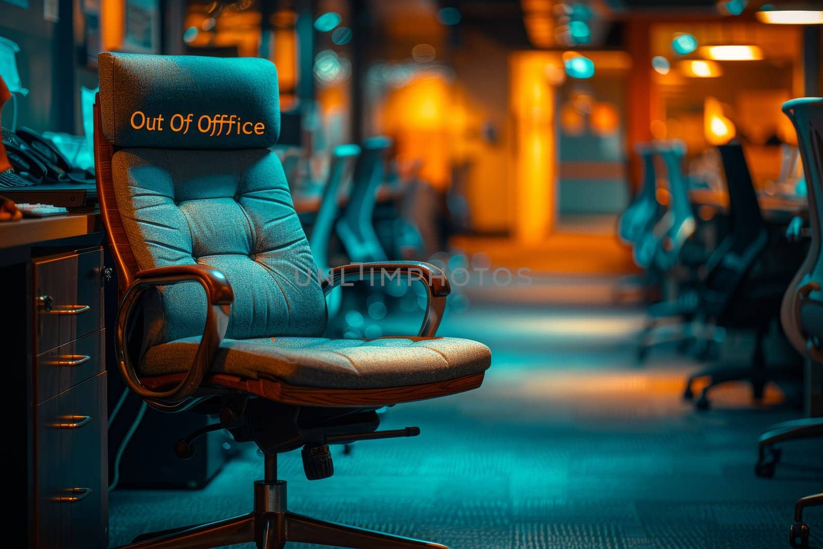 A comfortable office chair in an empty workspace with a sign indicating Out Of Office placed on the backrest