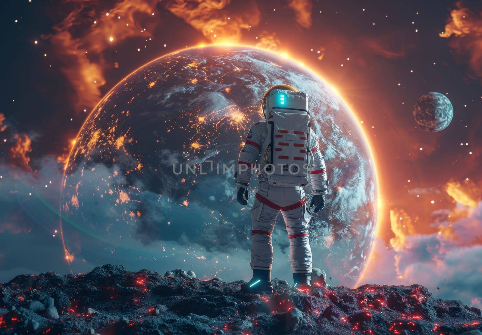 A lone astronaut pointing at the Earth while standing on a rugged alien planet with dramatic, fiery skies. This space exploration scene captures a sense of adventure, discovery, and the vastness of the universe.