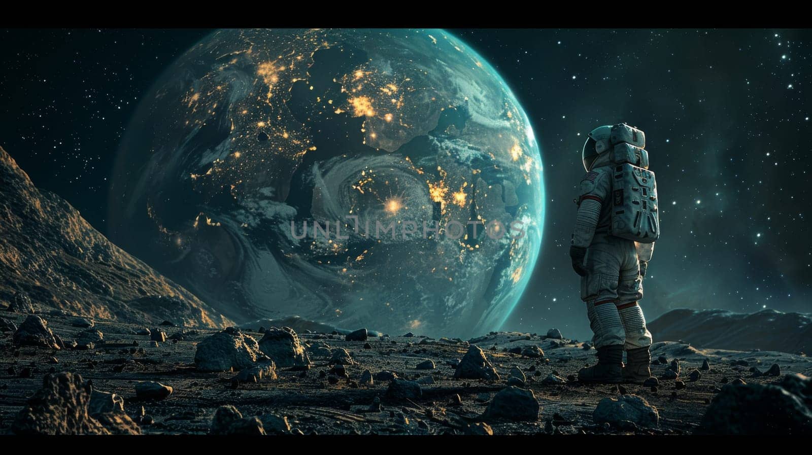 A lone astronaut stands on the rocky surface of Mars, gazing intently at planet Earth against a backdrop filled with stars. The image portrays solitude, exploration, and the vastness of space.