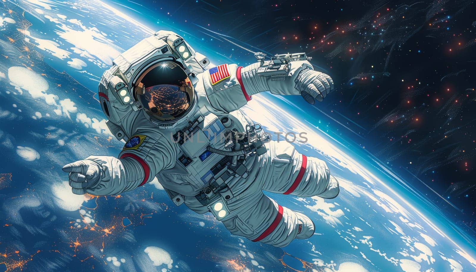 A detailed depiction of an astronaut floating in the vast expanse of space, reaching out towards Earth. The scene showcases the wonder of space exploration with the glowing Earth and starry background.