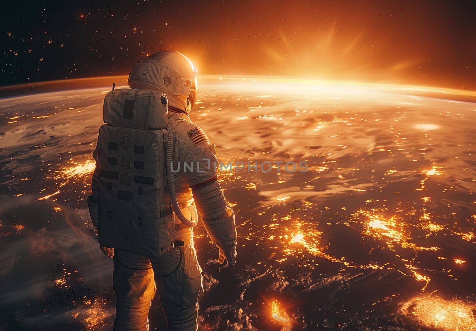 An astronaut stands on Mars and points at Earth in a breathtaking view of the sunrise. This image captures space exploration, the vastness of outer space, and the endless possibilities of human discovery.