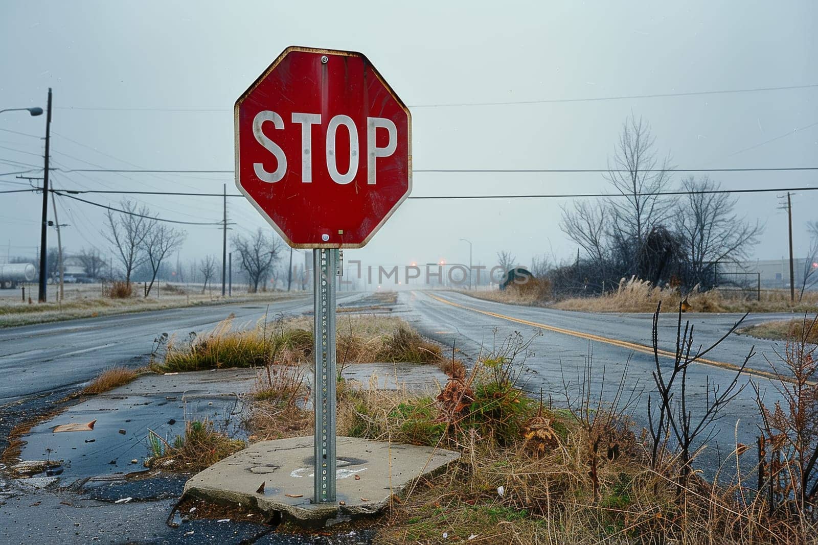 A weathered stop sign stands at the foreground of a foggy, desolate road with approaching car lights in the distance