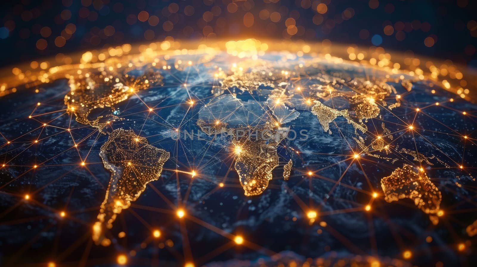 This image shows a digital representation of the Earth with interconnected lines and bright city lights, symbolizing global connections