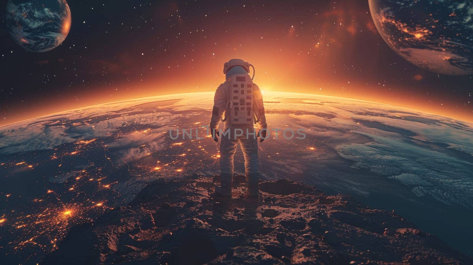 An astronaut stands on the moon in awe, gazing at the Earth and other celestial bodies. This stunning image captures the majesty and wonder of space exploration, evoking a sense of discovery and curiosity.