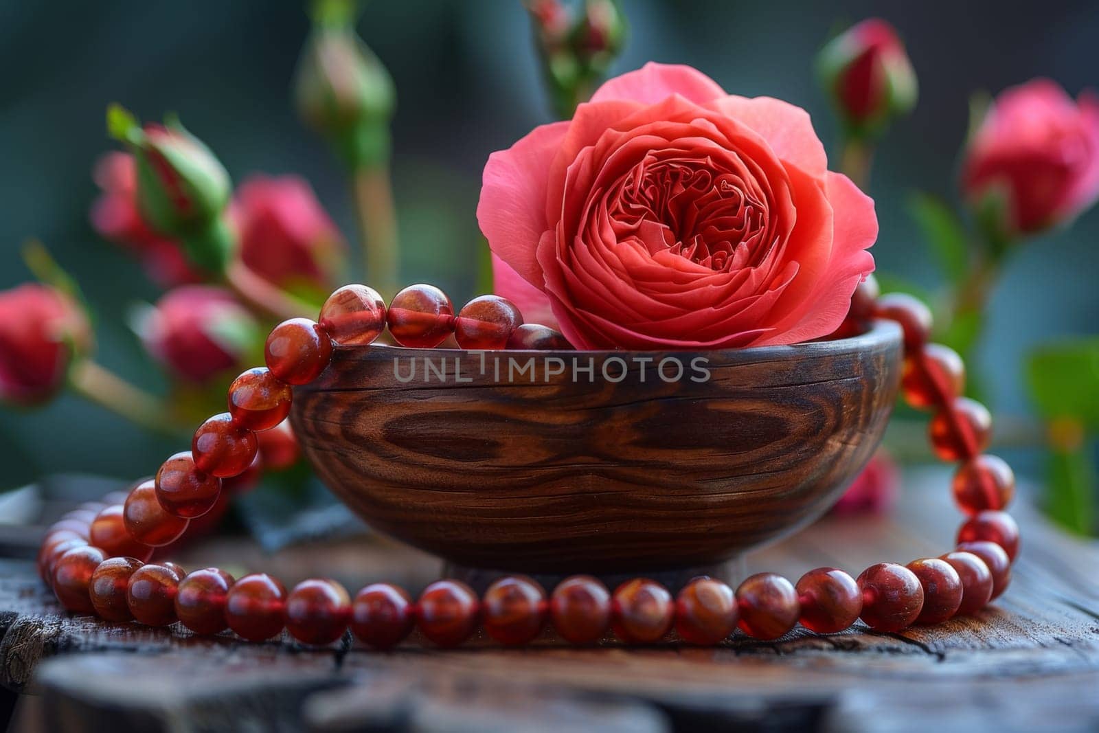Close-up of a vibrant red rose in a wooden bowl, complemented by a red beads necklace on a rustic surface