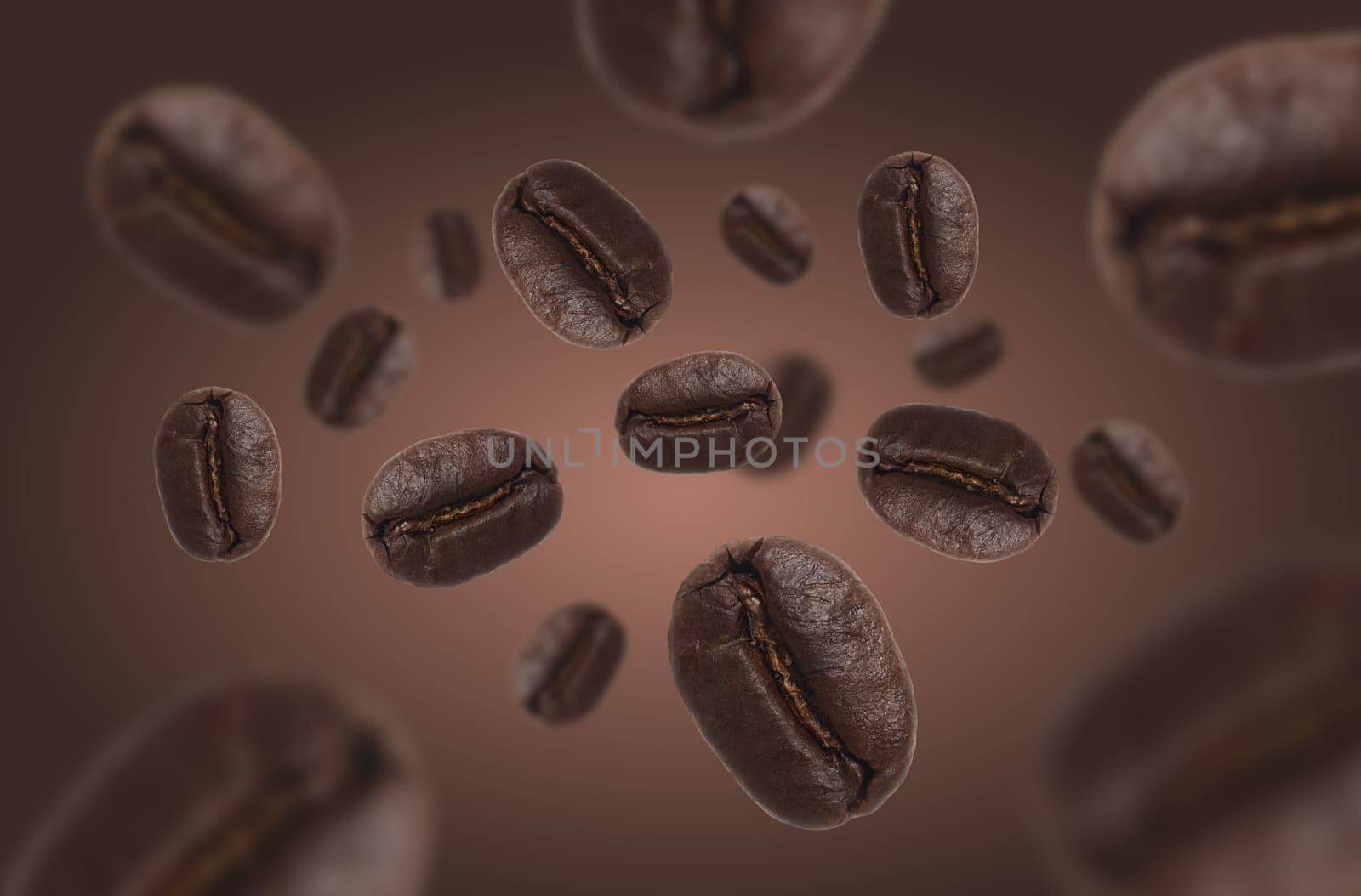 Roasted coffee beans levitate on a brown background, motion dynamics