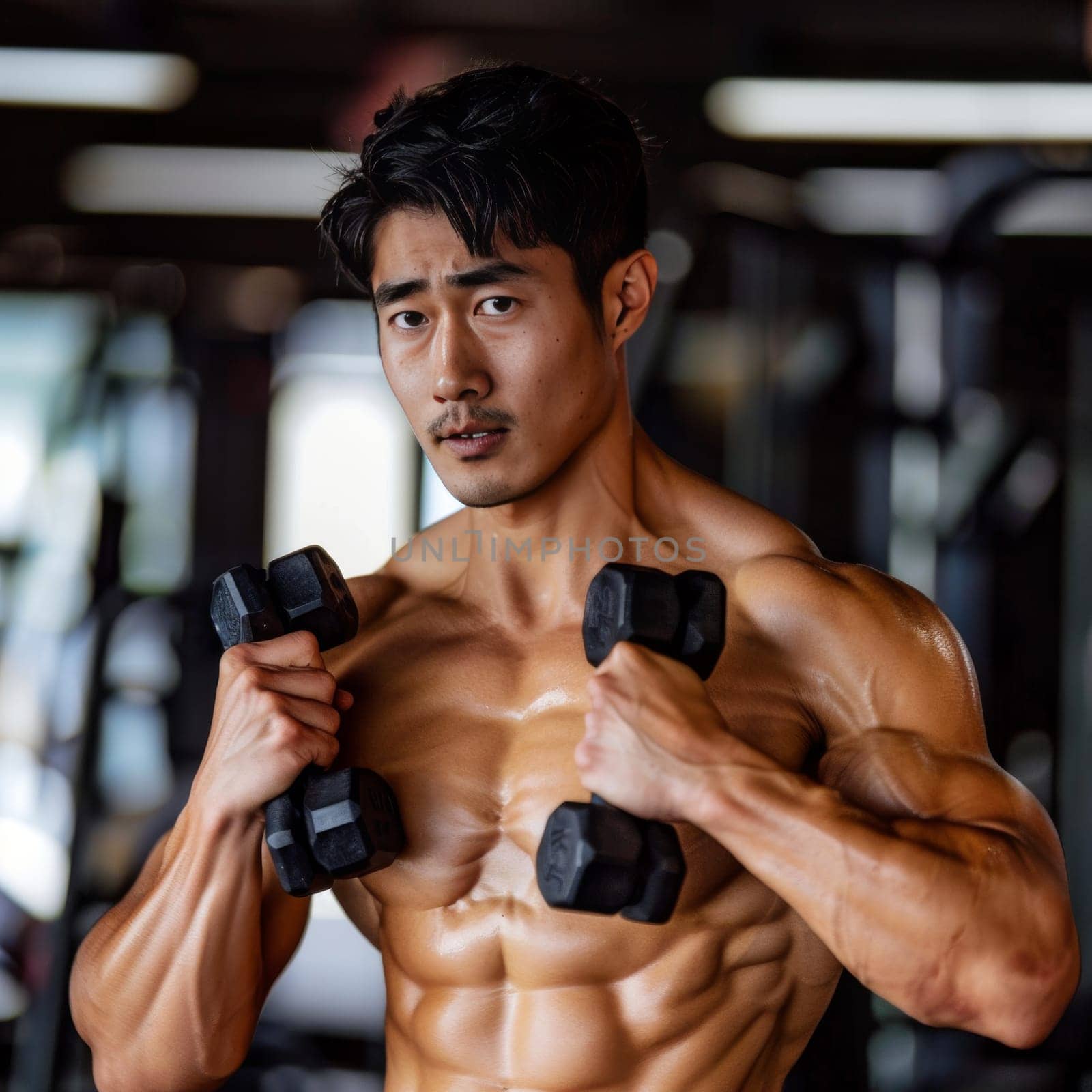 A muscular man with focused expression is working out in a gym setting, holding dumbbells with blurred fitness equipment in the background