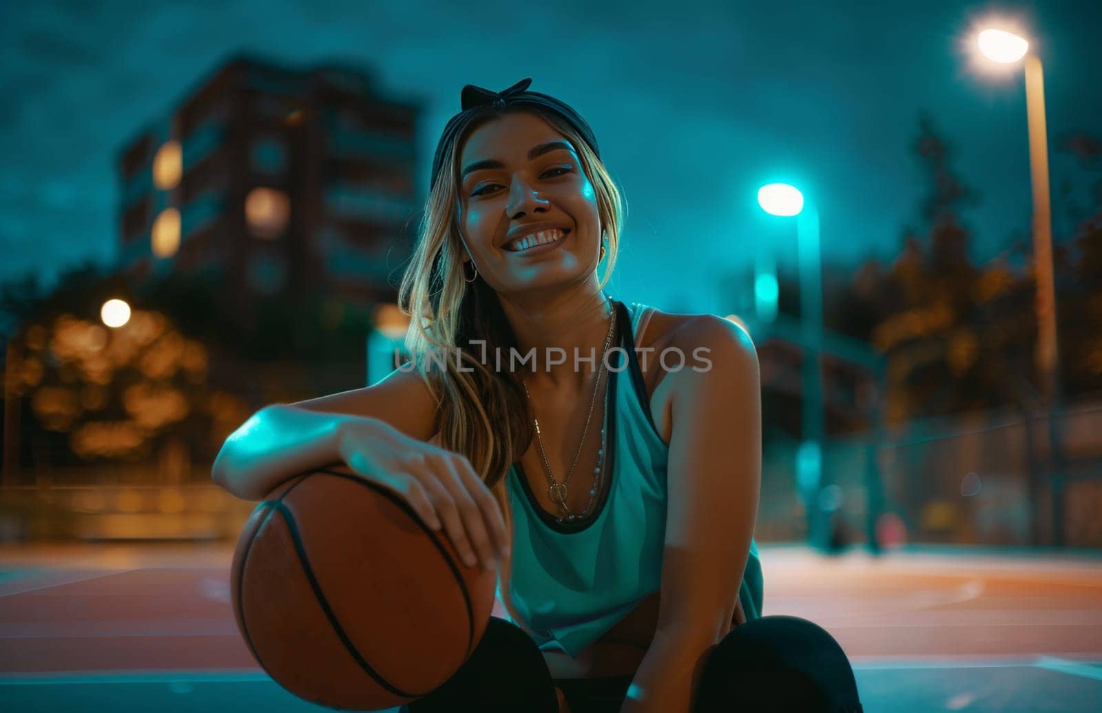 A young woman is pictured sitting and smiling, holding a basketball on a colorful night basketball court with city buildings in the background