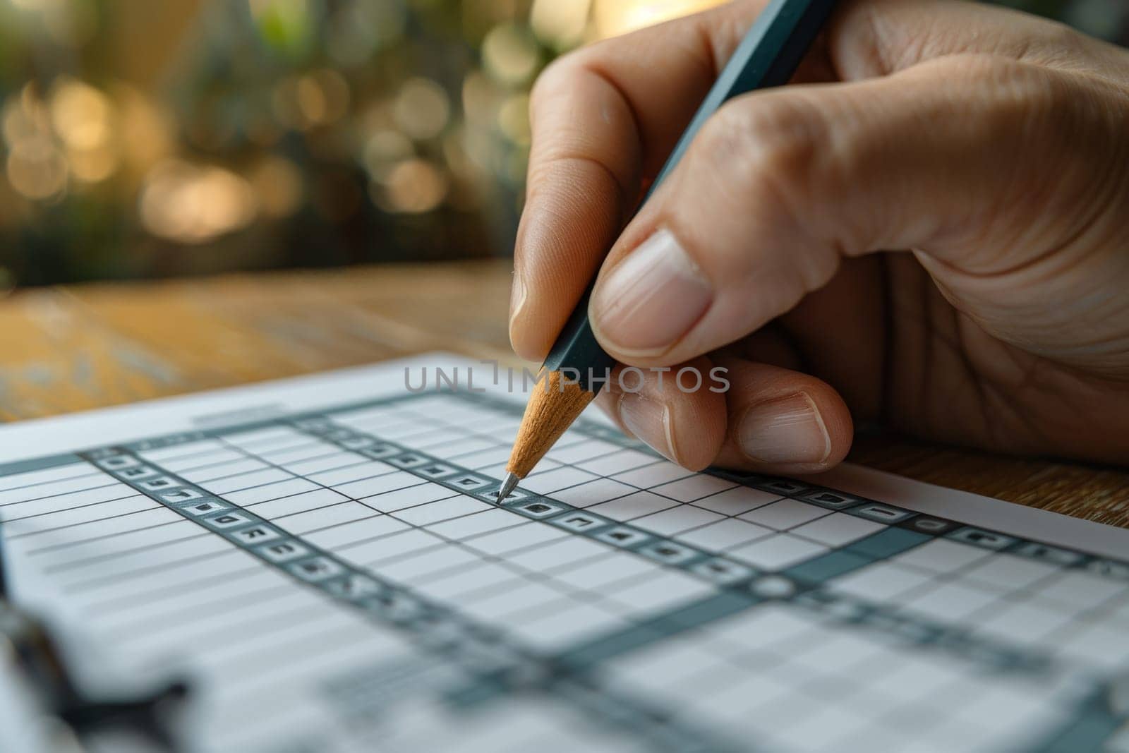 A detailed close-up shows a person's hand holding a pencil and filling in answers on a crossword puzzle