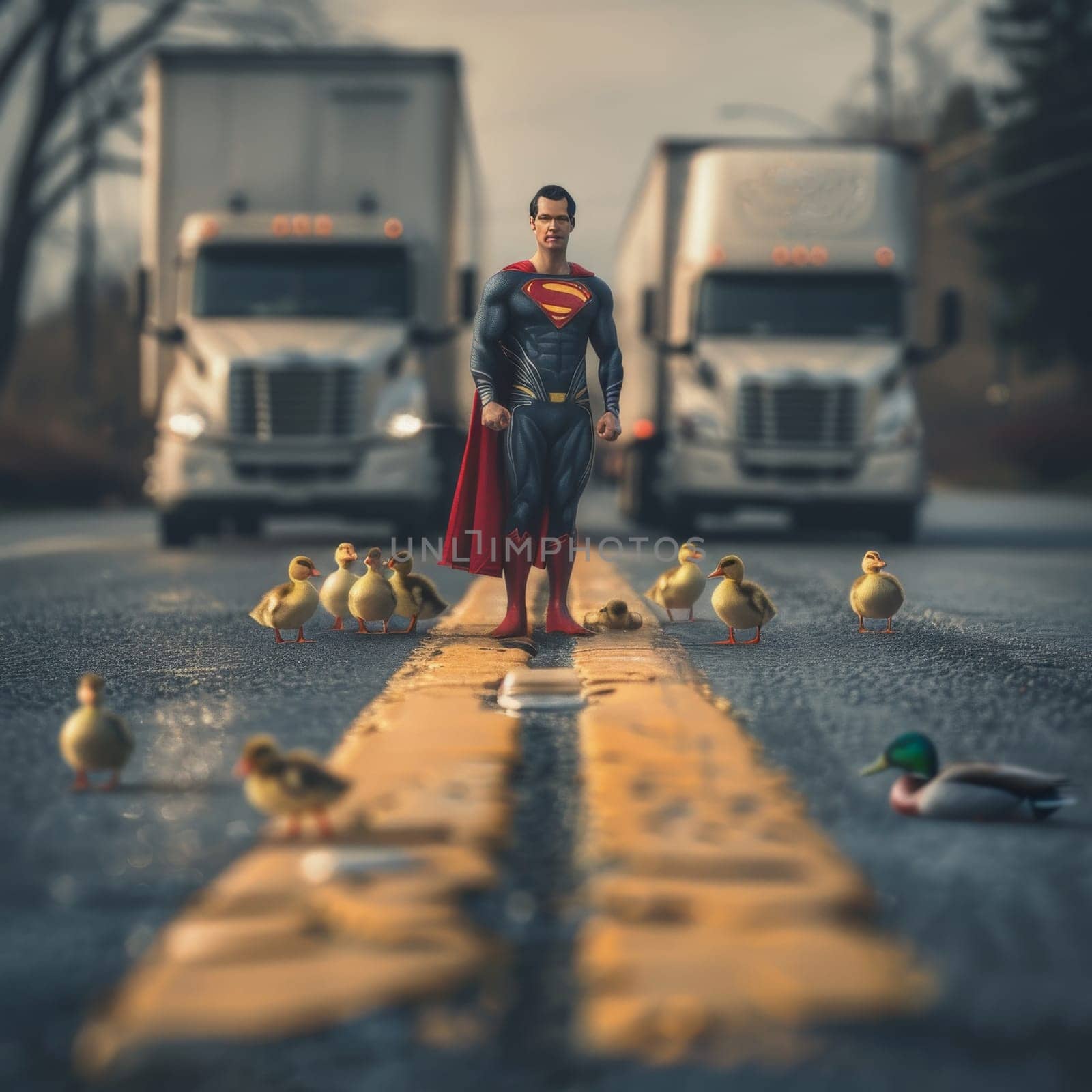 In the image, a person dressed as Superman stands confidently in the middle of a road, safeguarding a line of ducks crossing as trucks wait