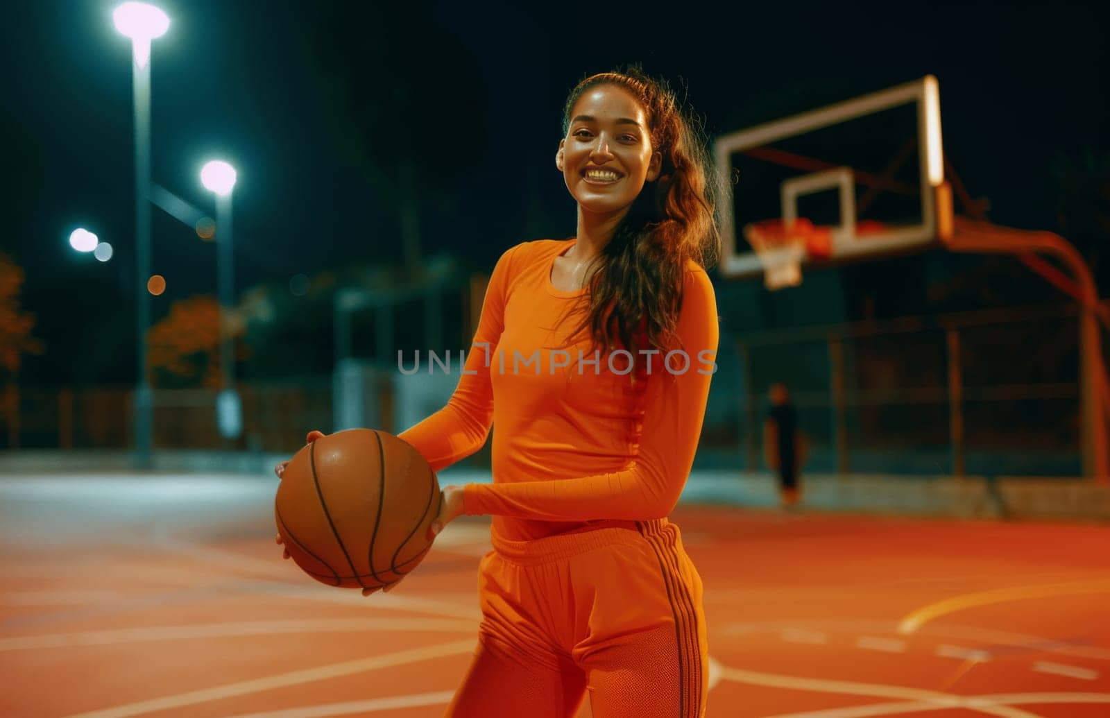 A joyful young woman in orange sportswear holds a basketball on an outdoor court lit by artificial lights at night