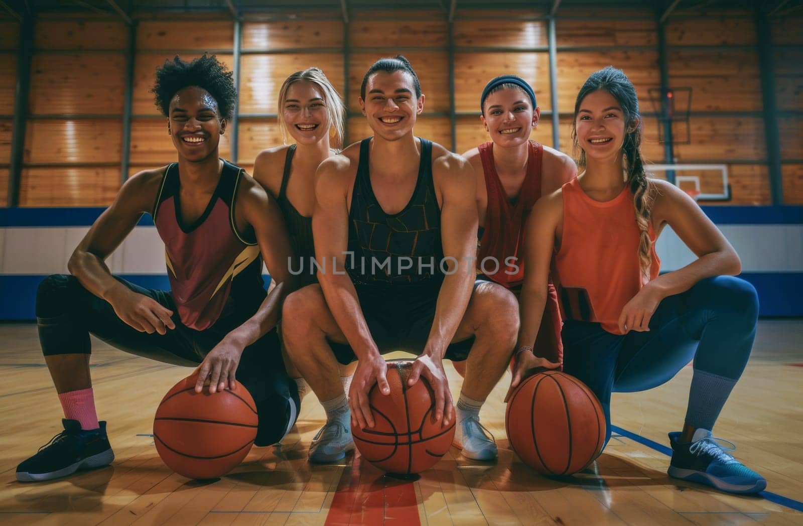 A diverse group of five smiling basketball players posing with basketballs in a gym, exuding confidence and teamwork