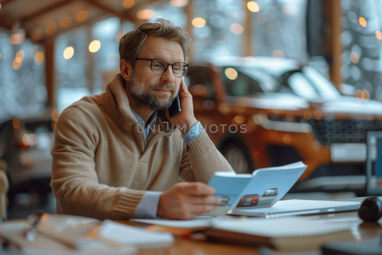 A sophisticated man in glasses converses on his mobile phone, holding paperwork in a well-lit, cozy room with a car in the background