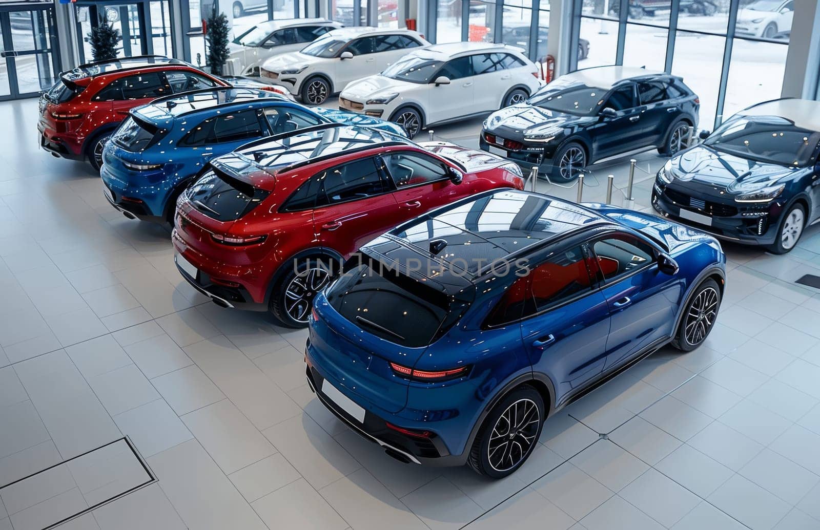 An assortment of shiny new vehicles on display inside a bright and modern car dealership showroom, with large windows