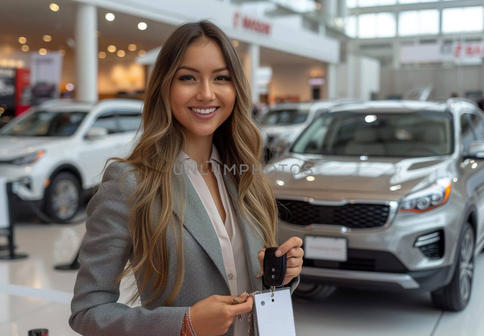 Confident female car sales agent at dealership showroom holding keys, with cars in background Represents customer service and purchase satisfaction