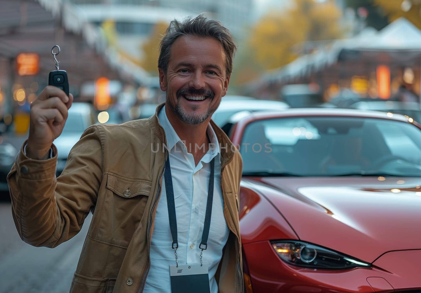 Smiling man in a brown jacket proudly holding up car keys with a sleek red performance car in the blurry background