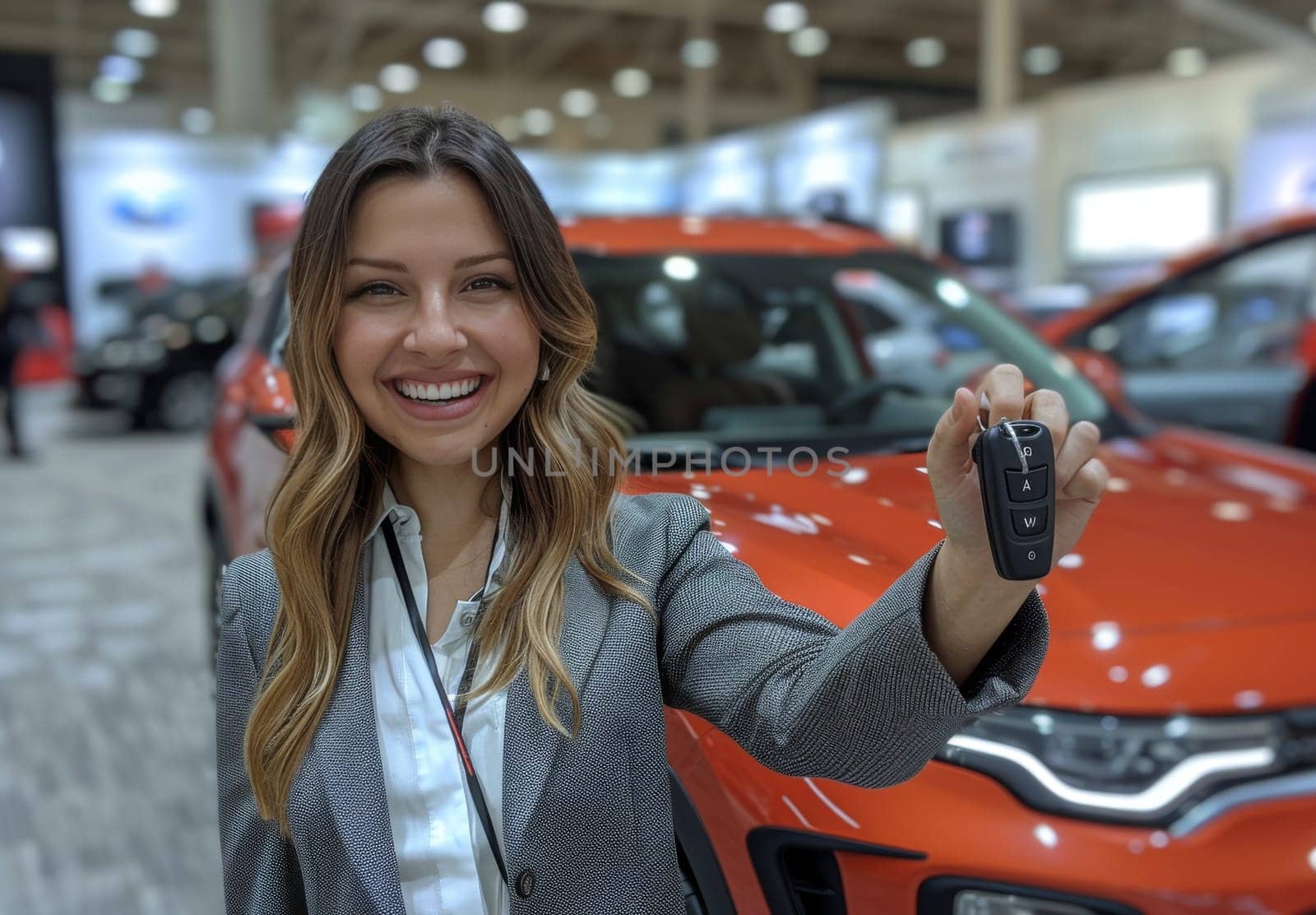 A cheerful woman stands in front of a new car displaying keys, indicating a purchase or ownership at a car showroom
