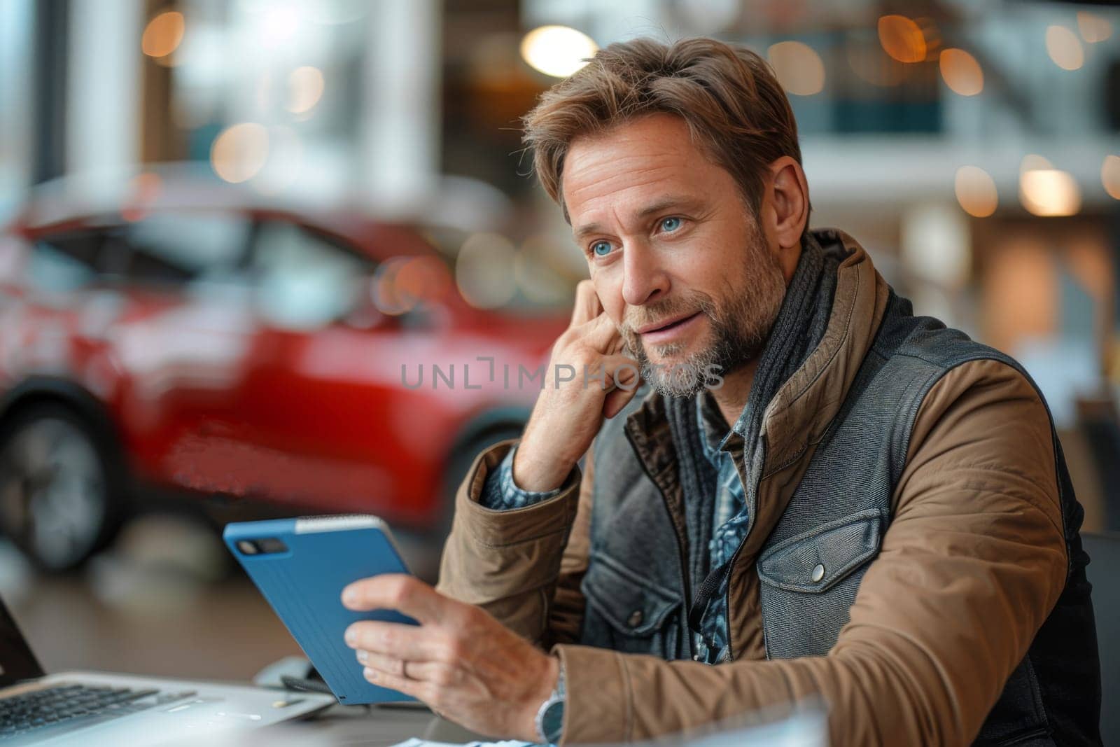 A middle-aged man appears pleased as he holds a phone in a car showroom, possibly considering a purchase