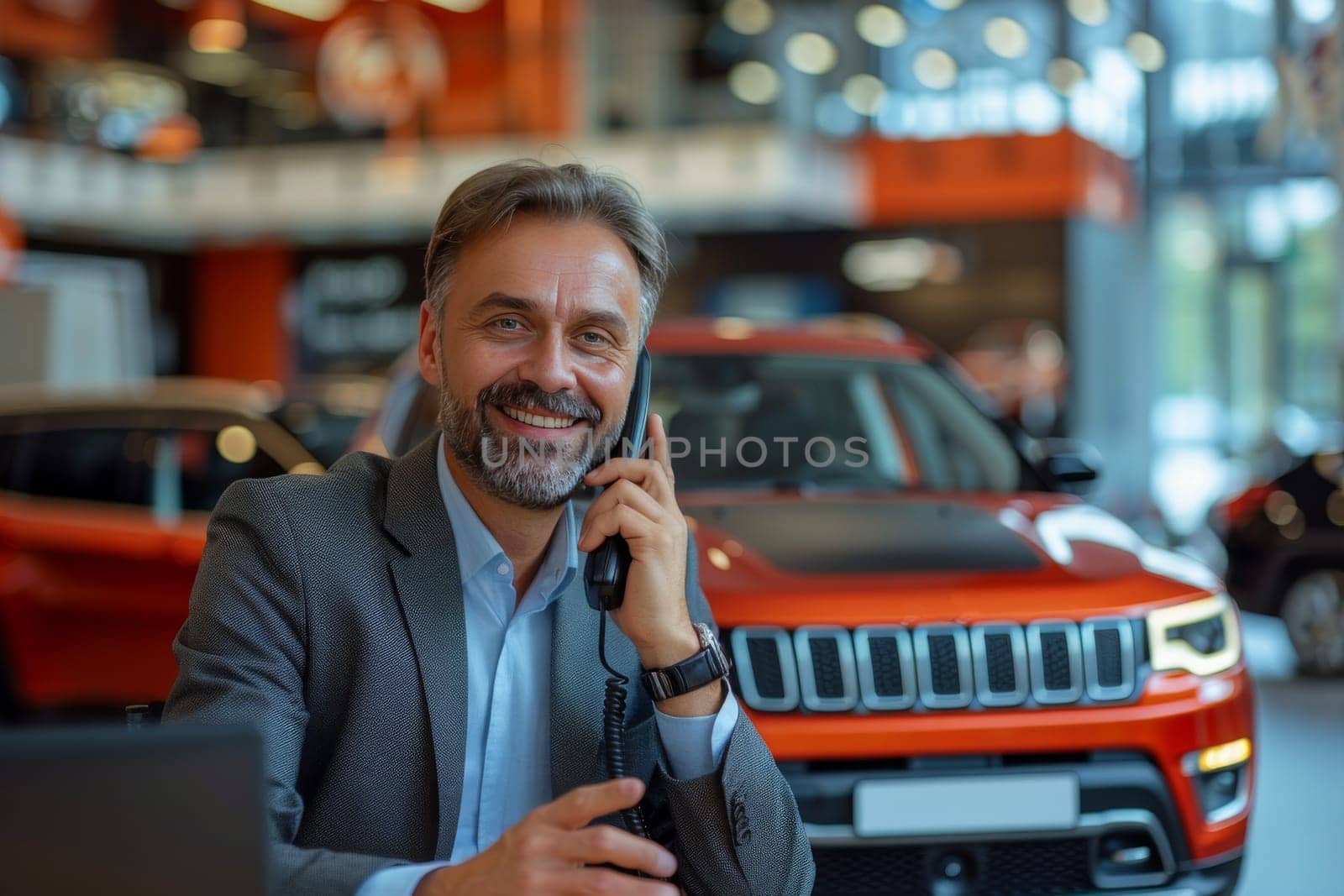 A cheerful, middle-aged businessman is having a conversation on a landline phone, sitting in a modern car showroom with a red Jeep in the background