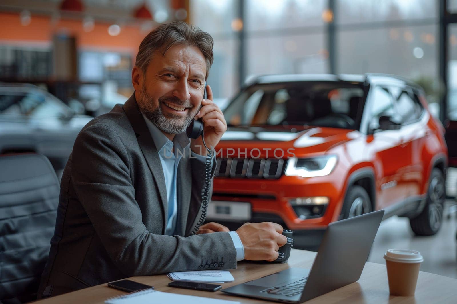 An engaging businessman sits at a table in a car showroom, smiling as he talks on the phone with a laptop and coffee cup in front of him, and a red SUV displayed behind