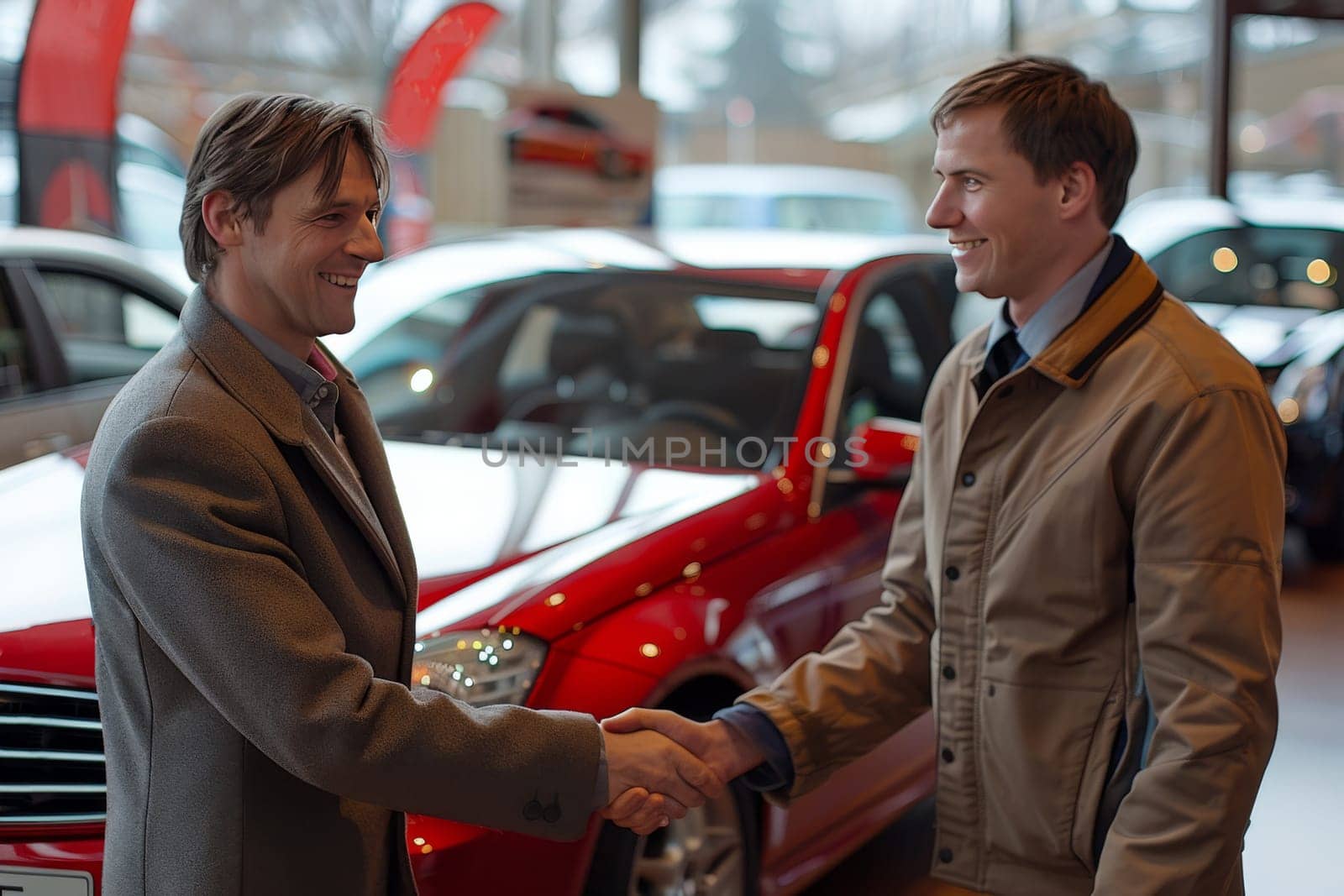 Two smiling men engaging in a handshake in front of a red car inside a car dealership, possibly finalizing a deal or greeting