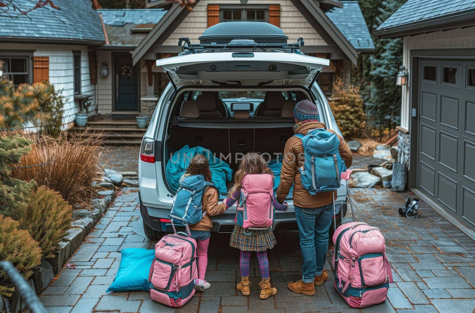 A family of four is seen from behind packing the car boot with bags for a trip, emphasizing the themes of bonding and preparation