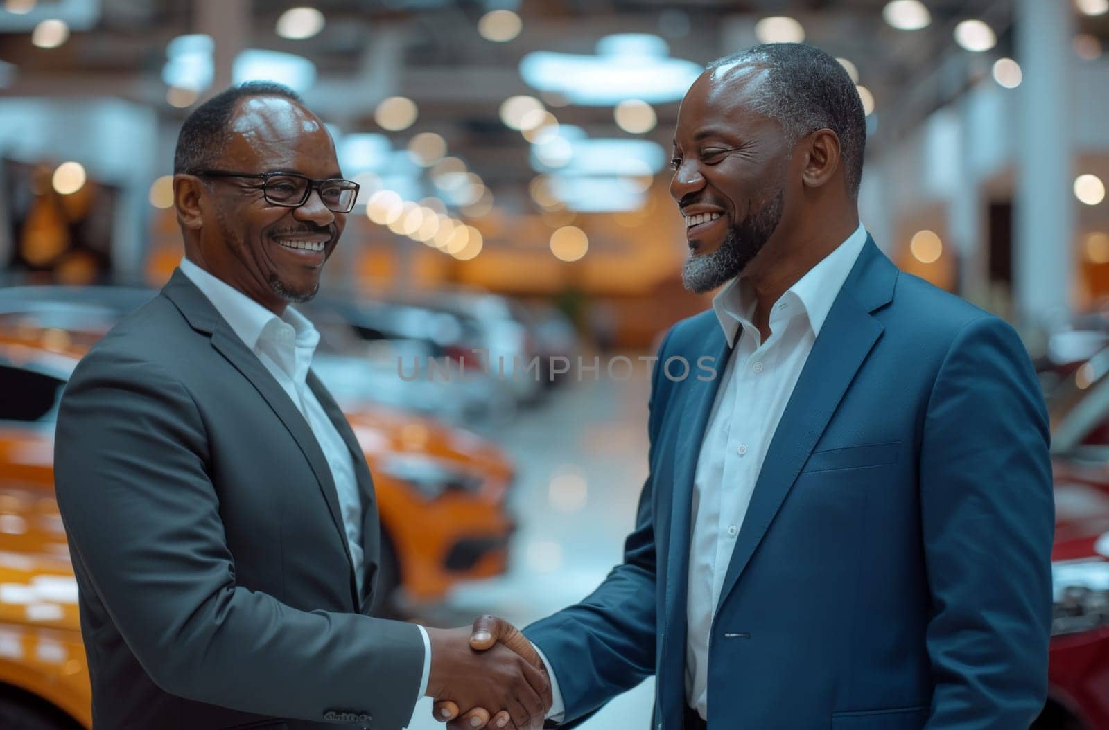 Two smiling men in business attire handshake before a luxury car in an automotive dealership, likely closing a deal