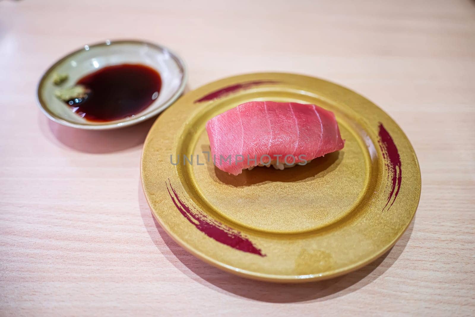 Chutoro sushi in the plate. Sushi is a type of food preparation originating in Japan.